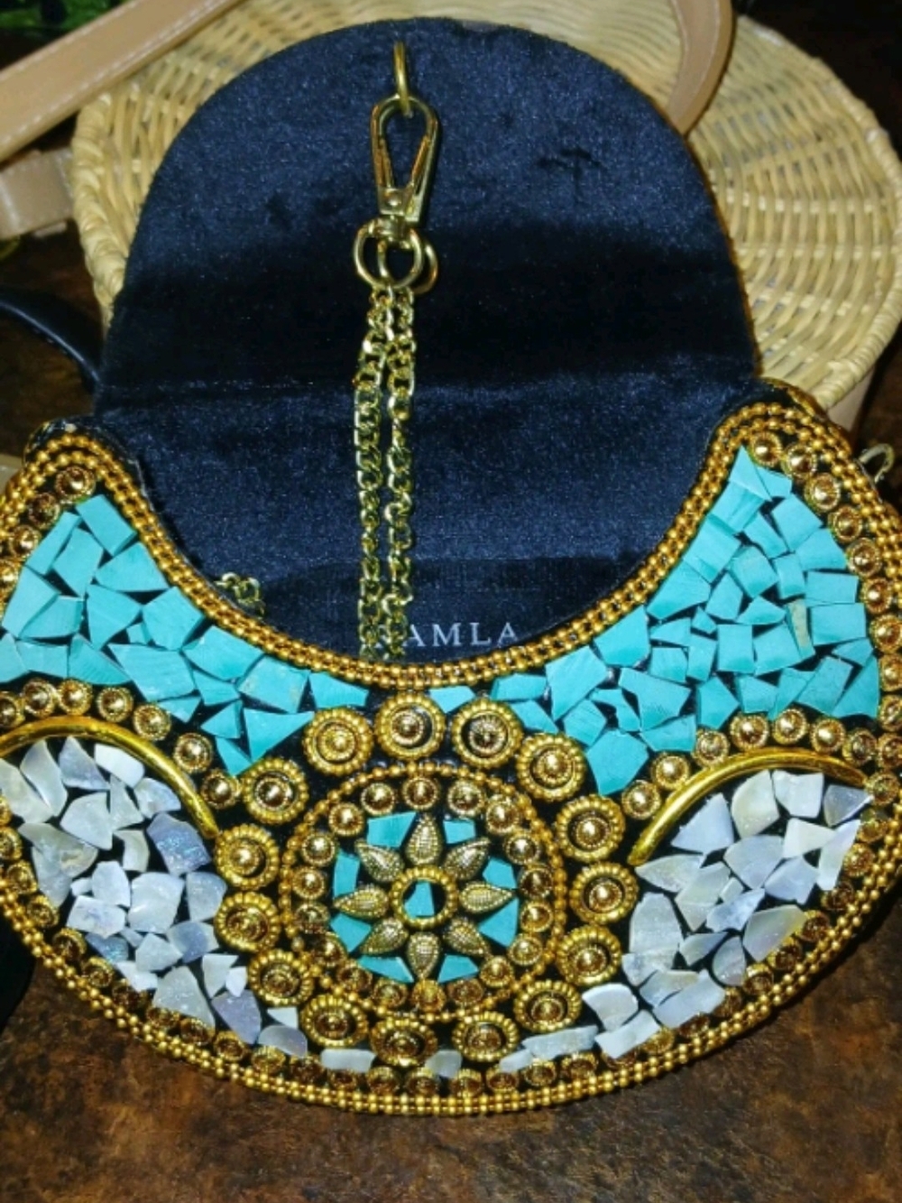RAMLA Mosaic Clutch Handmade Blue and Gold Mosaic Pendant Clutch/Crossbody - Picture 2 of 5